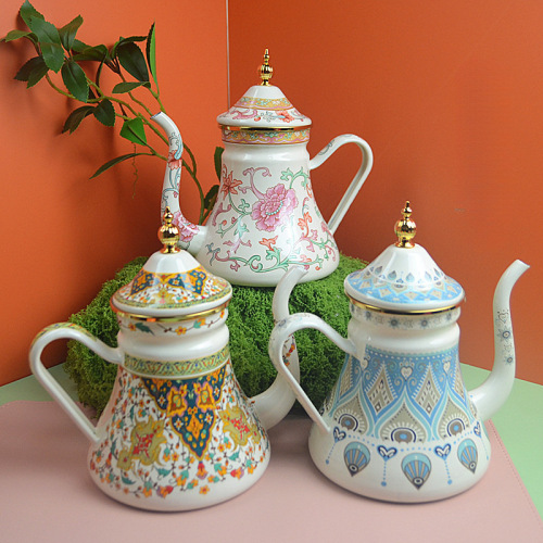 新疆民族风搪瓷奶茶壶烧水壶油壶醋壶咖啡壶泡茶凉水壶珐琅花茶壶