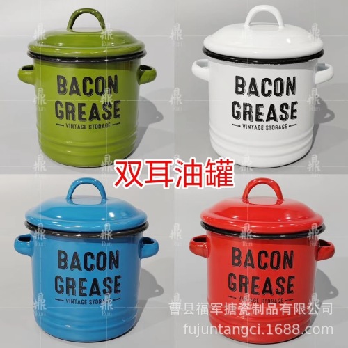 1200ML加厚猪油罐高桶搪瓷储物罐搪瓷茶叶罐子珐琅带盖耐高温双耳