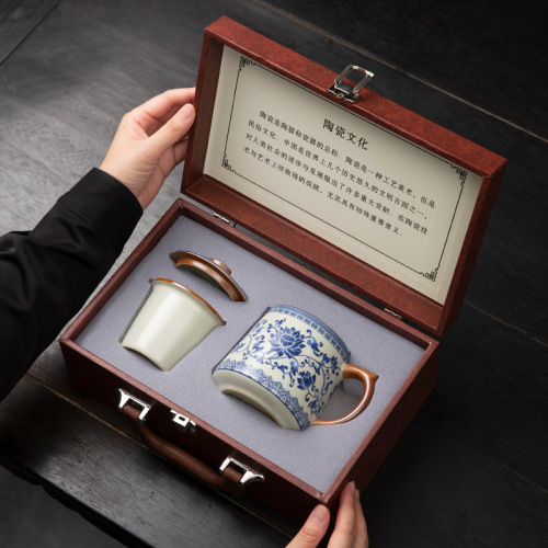 过滤水杯汝窑茶杯带盖马克杯中式个人办公室泡茶节日教师节礼盒装