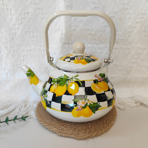 跨进搪瓷梨形壶柠檬花水壶珐琅茶壶野营烧水壶炉灶燃气电磁炉通用