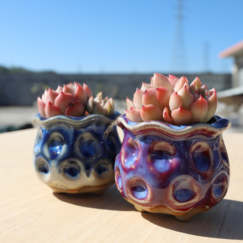 复古多肉花盆个性创意陶瓷透气简约粗陶桌面绿植花边猫眼窑变特价