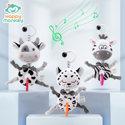 黑白婴儿拉铃玩具车床挂宝宝床铃挂件安抚早教玩具