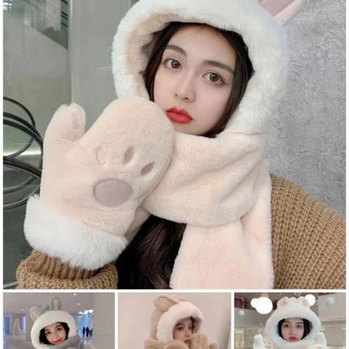 Hat Scarf Gloves Women‘s Autumn and Winter Rabbit Ears Bear Three-Piece Cute Plush Scarf Ushanka