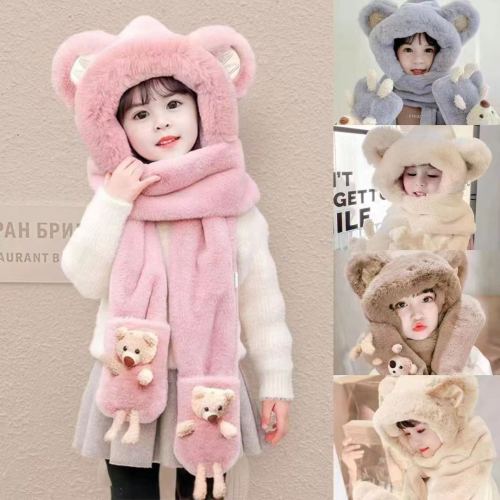 Autumn and Winter New Children‘s Plush Hat Gloves Scarf Three-Piece Set Girl‘s Winter Cute Warm Scarf