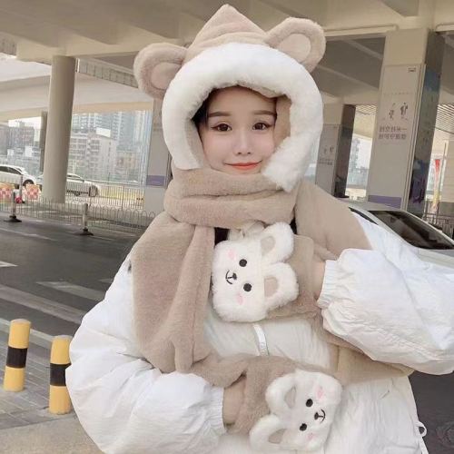 Sweet Cute Women Plush Winter Scarf Three-Piece Warm Hand Pocket Rabbit Plush Hat Scarf