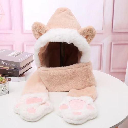 Sweet Cute Women Plush Winter Scarf Three-Piece Set Warm Hand Pocket Plush Hat Scarf Integrated