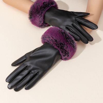 Women's Cute Imitate Rex Rabbit Fur-Mouth Touch Screen Fleece-Lined Thickened Leather Gloves Women's Autumn and Winter Warm Cycling Fashion Korean
