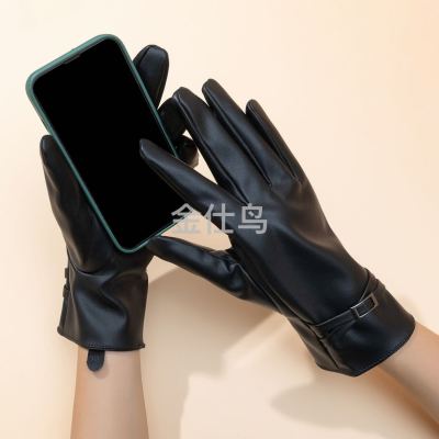 Leather Gloves Women's Autumn and Winter Fleece Lined Padded Warm Keeping Cold-Proof Waterproof Outdoor Riding Touch Screen Korean Cute Driving Student