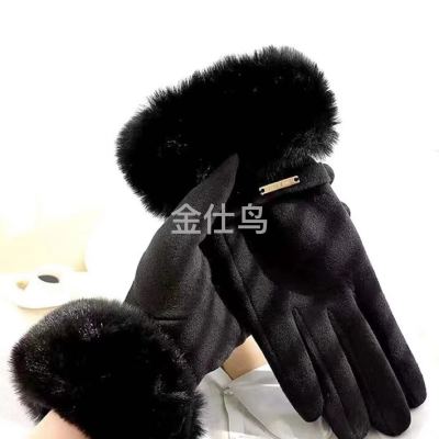 Autumn and Winter Adult Thermal Gloves Women's Fleece-Lined Thickened Fleece-Lined Mouth Self-Heating Driving and Biking Windproof Touch Screen Gloves