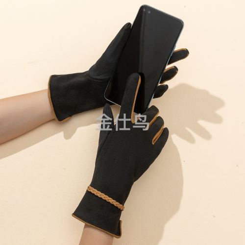 suede gloves women‘s fleece-lined thermal lock temperature touch screen outdoor cycling walking cold-proof cute