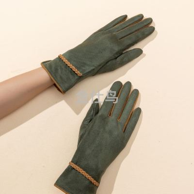 Suede Gloves Women's Autumn and Winter Fleece-Lined Thermal Lock Temperature Touch Screen Outdoor Cycling Walking Cold-Proof Cute