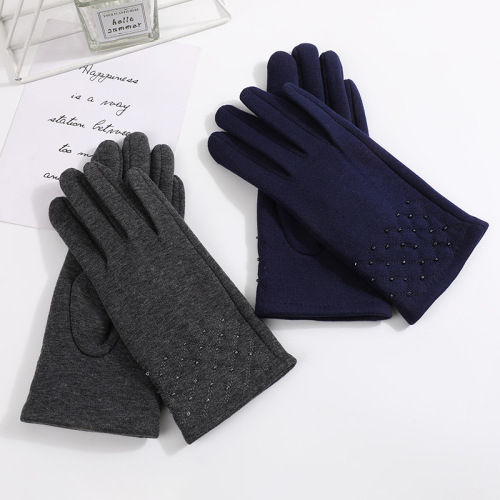 厂家直供简约格纹款纯色不倒绒绣格缝珠女式防风防寒保暖分指手套