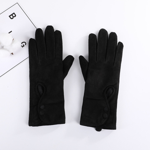厂家直供柔软内加绒按扣式女式冬季防风防寒猪皮分指保暖手套