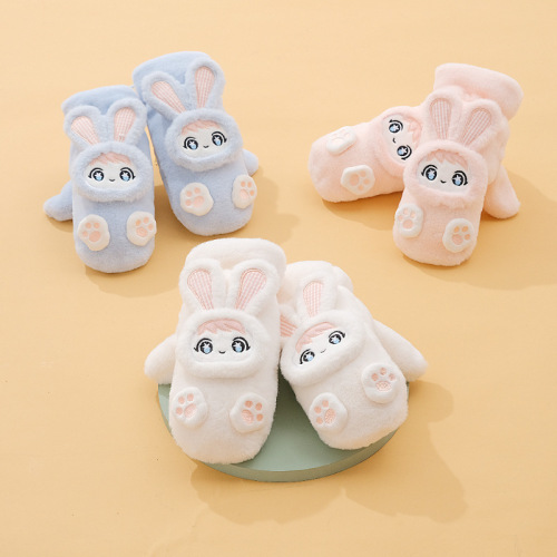 脚印兔子动物卡通可爱保暖冬季手套女挂脖毛绒加厚学生创意礼物