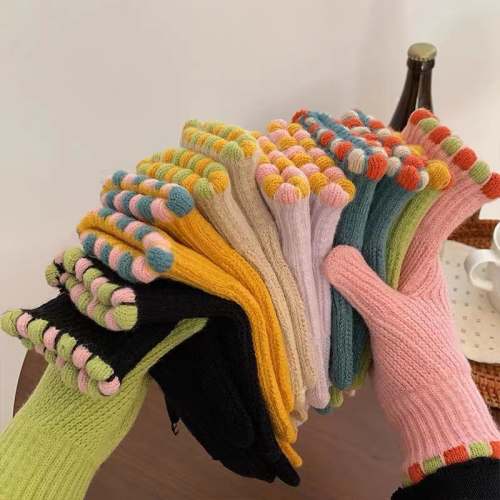 korean style dongdaemun knitted gloves women‘s winter warm fleece-lined full finger high school students riding touch screen leakage finger all-match