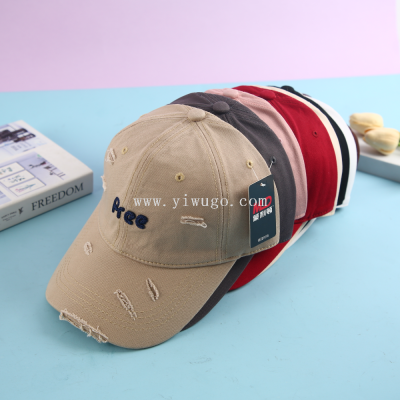 New Fashion Brand Letter Pree Embroidered Face-Looking Small Baseball Cap for Women Korean Style Simple Ripped Curved Brim Peaked Cap Men