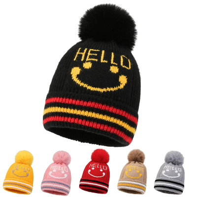 Children's Hat Wholesale 2023 New Fashion Cartoon Smiley Face Woolen Cap plus Velvet Thickened Outdoor Knitted Hat Foreign Trade