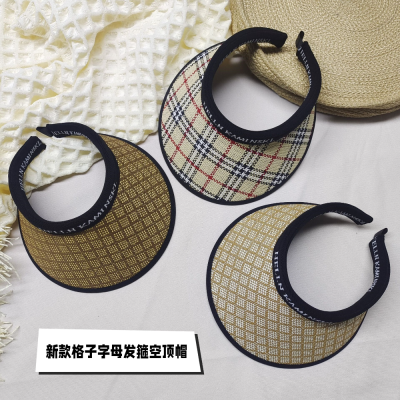 Summer Women's Fashion Plaid Headband Topless Hat Outdoor Sun-Proof Sun Protection Hat Headless Straw Simple Broad-Brimmed Hat Hat