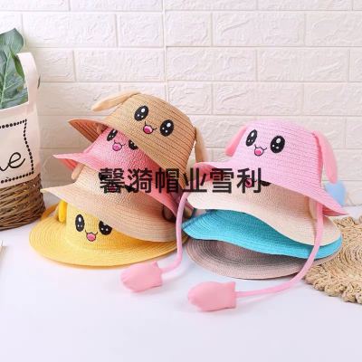 Qi Lang hat, it will move when it is pinch ear, move ear hat, children's straw hat, children's toy sun-proof straw hat