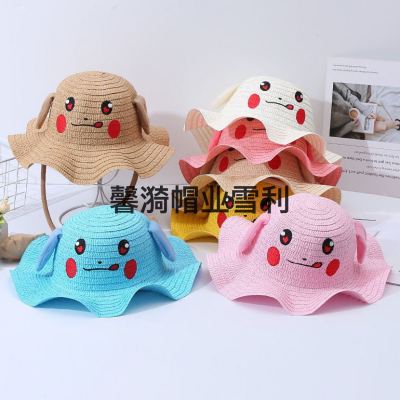 Children's straw hat. Hat with moving ears, pinch ear for a moving hat,