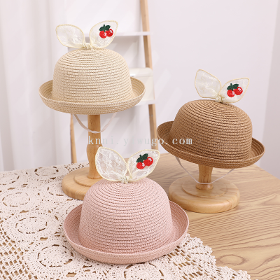 Hat Summer Children Sun Protection Sun Hat New Rabbit Ears round Head Straw Hat Cover Face Outdoor Sun Hat