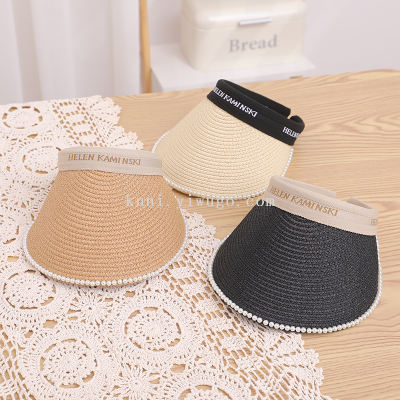 Hat Summer Sun Protection Sun Hat New Large Hat Letter Pearl Peaked Cap Cover Face Outdoor Topless Hat