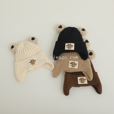 Hat Flanging Knitted Hat Autumn and Winter Warm Hat Winter Ear Protection Lovely Boys and Girls Baby Children Woolen Cap
