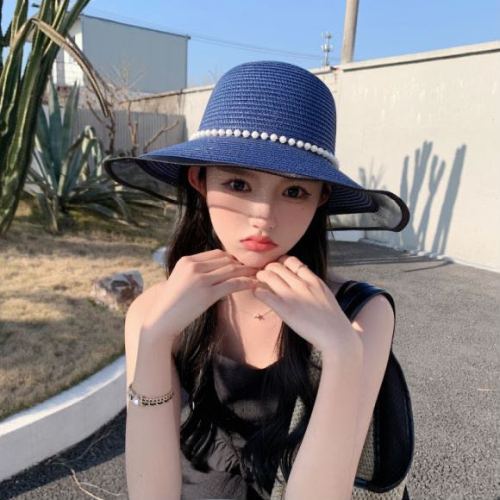 summer bowknot pearl straw hat female seaside vacation beach sun hat big brim face small sun hat