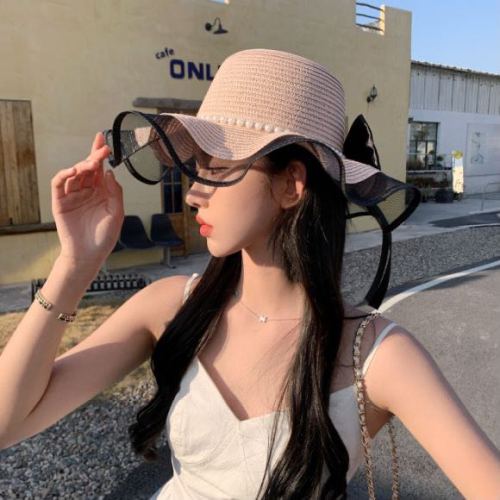 summer sun-proof hat bow pearl straw hat face white big brim hat dome straw hat voile fairy hat