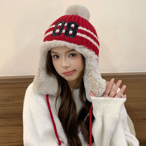 加绒加厚针织护耳雷锋帽子女冬季套头防寒针织毛绒线帽东北滑雪帽