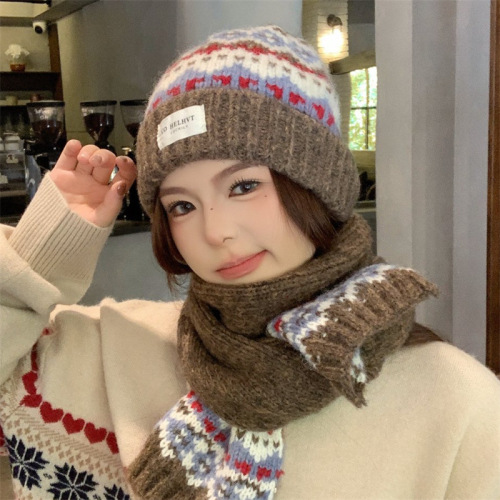 撞色花纹显瘦百搭保暖毛线帽子女秋冬休闲圆顶包头针织帽网红冷帽