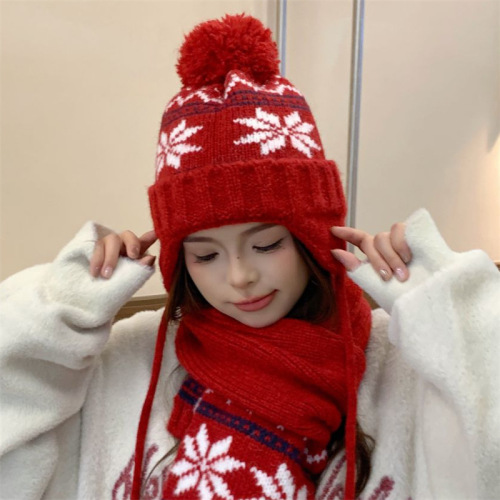 冬季复古提花针织帽子女休闲百搭加绒保暖毛线帽户外护耳防寒围巾