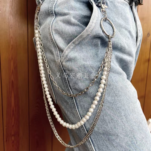 new double-layer pants chain artificial pearl sweet cool punk style jk accessories hip hop waist chain white k decorative jeans