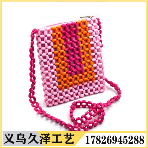 spring new pink beaded wooden beads woven shoulder bag korean style small bag fashion personalized messenger bag