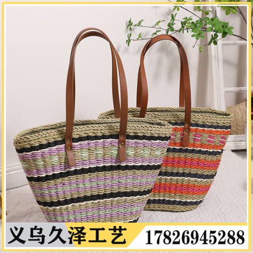 hand-woven personalized mixed color large capacity women‘s handbag beach bag shoulder bag straw bag