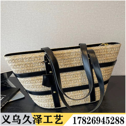 new large empty straw pu stitching women‘s spring and summer shopping bag shoulder bag women‘s bag