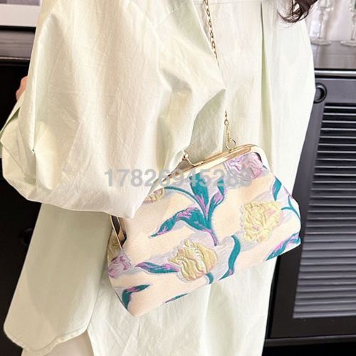 new national style shell bag ethnic style flower shoulder bag fashion dinner crossbody women‘s bag oil painting style