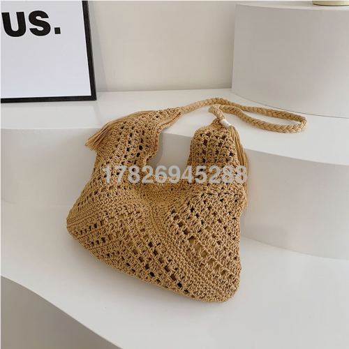 handmade crochet hollow beach vacation artistic style straw woven women‘s one shoulder handbag