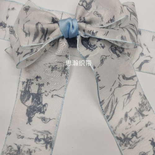 国风刺绣水彩碎花单面压边雪纱带DIY蝴蝶结装饰丝带花束彩带辅料