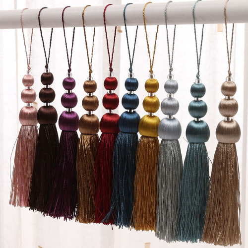 三颗木珠流苏小吊穗 涤纶纯色窗帘装饰辅料