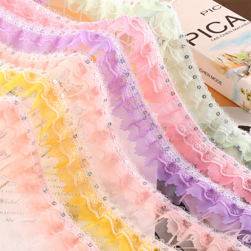 精品亮片双层5cm雪纺纱压花蕾丝网纱褶皱花边DIY服饰家纺辅料批发