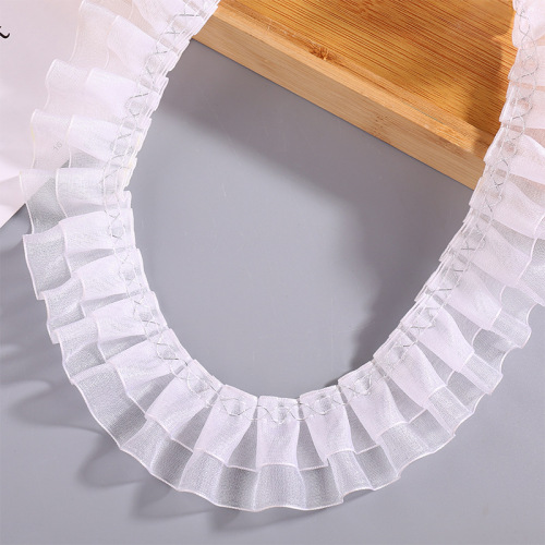 新款百搭双层银边雪纱带褶皱打折花边手工diy娃娃领披肩花边批发