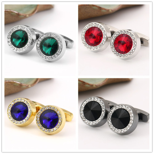 亚马逊热卖新品男士时尚水晶袖扣 圆形法式镶钻水晶袖钉 气质超闪