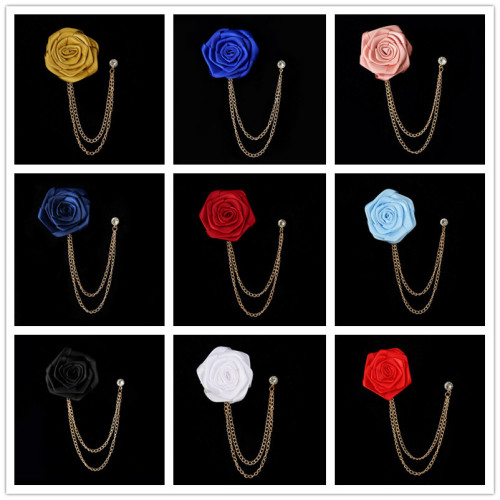 酒红色玫瑰花朵男士链条胸针 喜庆红色胸花流苏西装配饰INS风