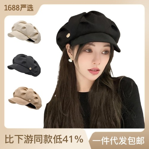 2023 autumn and winter octagonal cap painter hat makes face look smaller beret all-match net red big head circumference octagonal cap korean hat