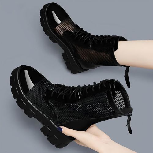 mesh martin boots women‘s summer breathable british style sandals mesh hollow out mid heel platform fashion short sandal boots
