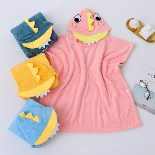 怪兽浴袍带帽可穿浴裙珊瑚绒吸水卡通浴巾男孩女童斗篷式可外穿