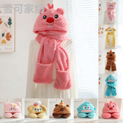 Cute Cartoon Hat Neck Pillow Scarf Integrated Winter Cycling Cold Protection Warm Scarf Gloves Three-Piece Set Gift