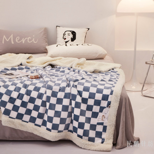 200x230双层绒毯加厚法兰绒棋盘格毯子羊羔绒办公室空调毯