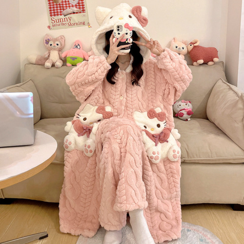 秋冬季睡袍女款珊瑚绒2025新款睡衣加绒加厚卡通冬天可外穿家居服